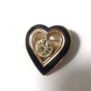 Vintage! Dior Black Enamel and Gold Heart Brooch with Pale Yellow Crystal